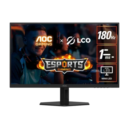 AOC 27″ QD-MiniLED Monitor – QHD 180Hz, 1ms, 5000:1 contrast, 1200 nits peak HDR, Quantum Dot VA, 148% sRGB, DP 1.4, HDMI 2.0, tilt adjusable