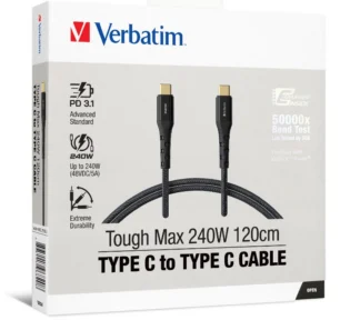 Verbatim Tough Max 120cm USB-C to USB-C cable for 240W PD 3.1 charging. Kevlar reinforced, SGS tested to 50,000 bends. 480Mbps USB 2.0 data, QC 4.0