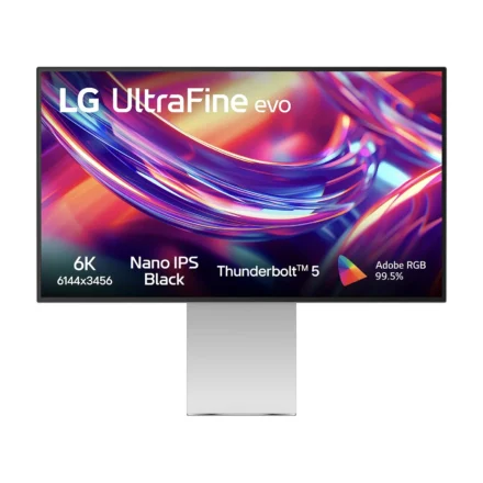 LG UltraFine™evo 32″ 6K monitor with IPS Black, HDR600, DCI-P3 98%, Adobe RGB 99.5%, Thunderbolt 5, HDMI 2.1, and tilt/height/pivot adjustments