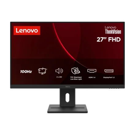 LENOVO ThinkVision E27-40 27″ FHD IPS Monitor 1920×1080 16:9 4ms 100Hz Anti-glare Tilt Swivel Pivot Height Adjust VGA DP HDMI VESA 3yr WTY Black