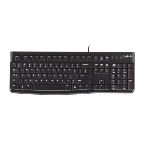 Logitech K120 Wired Keyboard Quiet typing Spill-resistant Durable keys Thin profile Curved space bar Adjustable tilt legs