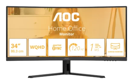 AOC 34" WQHD Curved Monitor – 3440×1440@120Hz, 1ms MPRT, 1500R VA, 114.7% sRGB, HDMI 2.0 x 1,DisplayPort 1.4 x 1, Vesa wallmount 100x100