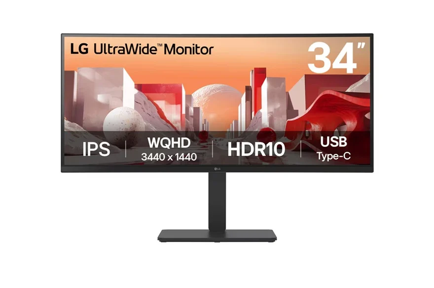 LG 34″ UltraWide QHD Curved IPS 60Hz Monitor, 3440×1440, sRGB 99%, HDR10, Built-in power&Speakers, USB-C 90W PD, RJ45, Adj. Stand Tilt/Height/Swivel