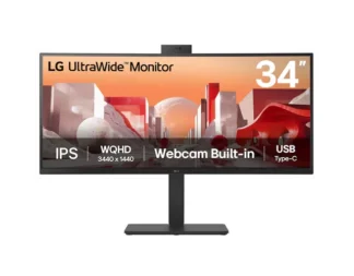 LG 34″ UltraWide QHD Curved IPS 60Hz Monitor, 3440×1440, sRGB 99%, HDR10, Full HD Webcam/Mic/Speakers, USB-C 90W PD, RJ45, Adj Tilt/Height/Swivel